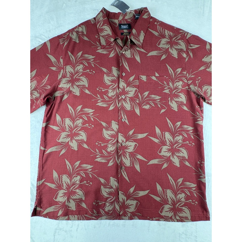 Haggar Mens XL Silk Aloha Shirt Red Tan Floral Hibiscus Short Sleeve Button Up